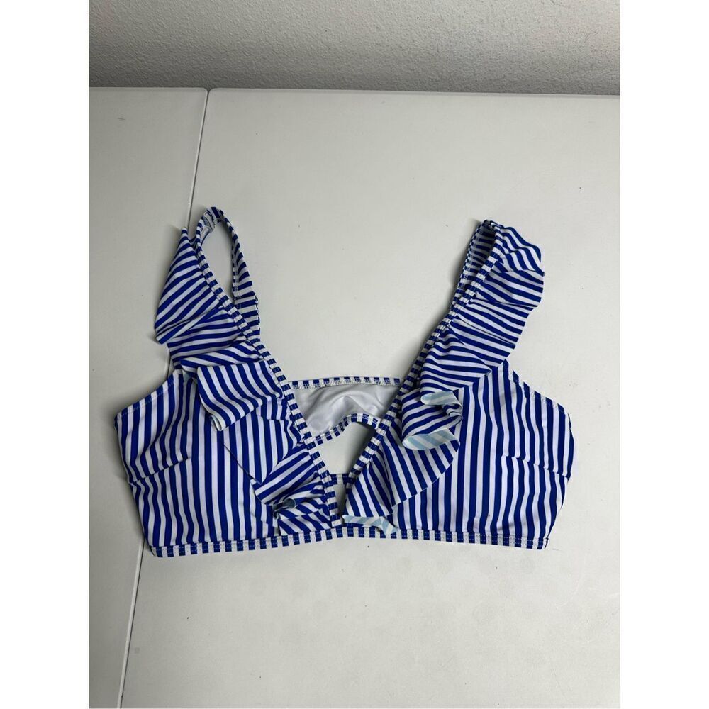 Bohemian Striped Ruffle Swimming Top Size XL Bleu White Marine